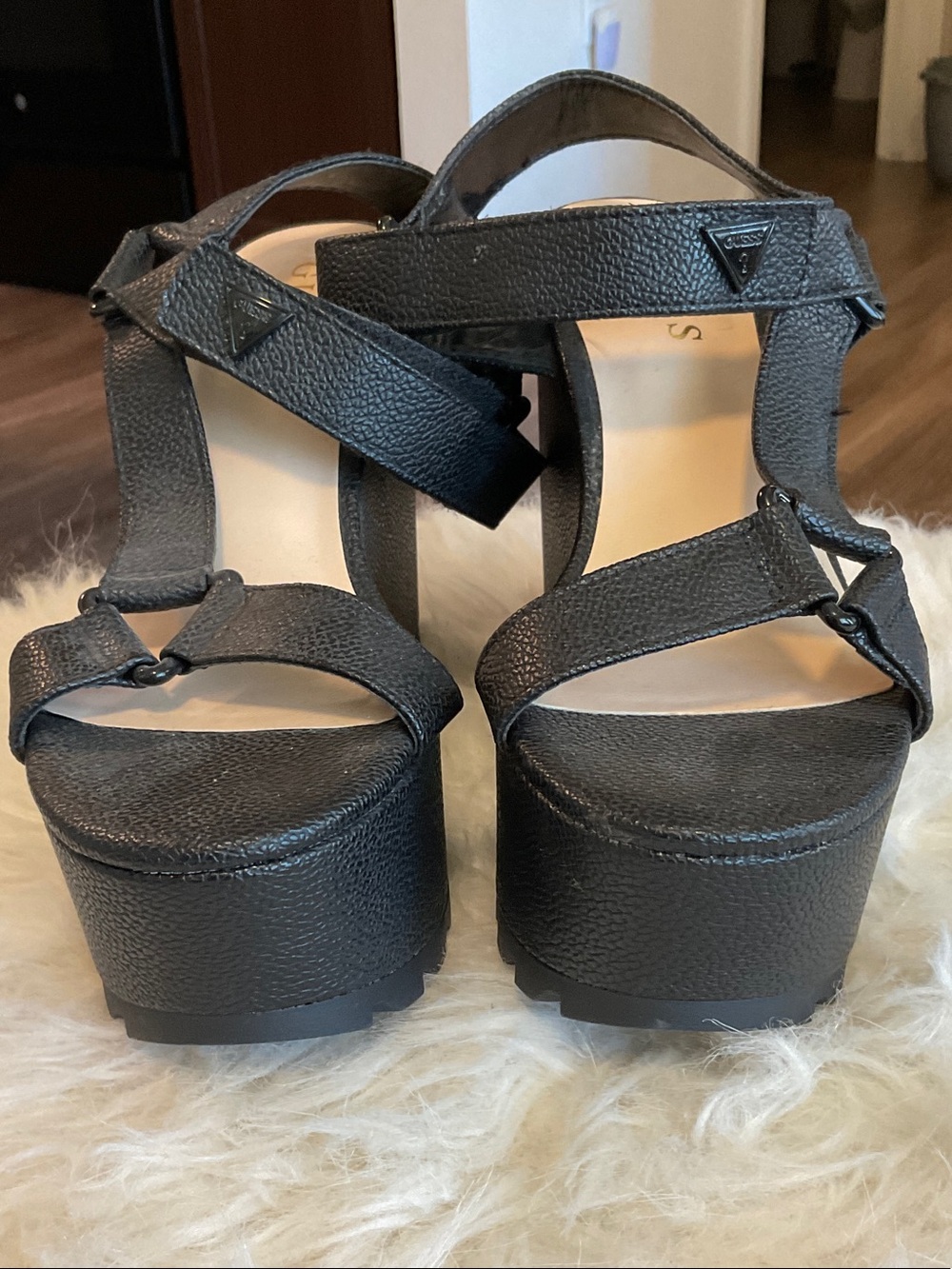 Guess Black Platform Wedge Sandals with Ankle Strap - Picture 7 of 9